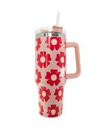 Flower Power Printed Stainless Steel Tumbler 40 oz with Handle Peach Pink - £29.51 GBP