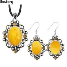 Oval Resin Crystal Vintage Jewelry Set Grown Necklace Earrings  Antique Silver P - £10.03 GBP