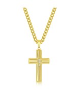 Gold Tone Stainless Steel and Shaped CZ Cross Pendant Curb Chain Necklace - $71.44 CAD