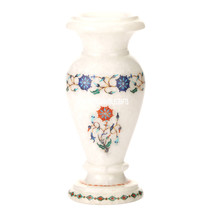 7&quot;x3&#39;&#39; Marble White Flower Vase Marquetry Inlay Semi Precious Decor Gifts H3607 - £225.29 GBP