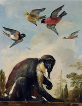 Framed Canvas Art Print A Monkey On A Chain In A Landscape With Colourful Birds - £31.18 GBP+