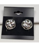Vintage HMN Signed 1/2 &quot; Silver Tone ROUND Knot Clip on Earrings - $25.73