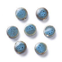 10 Antique Glazed Porcelain Coin Beads 9mm Blue Speckled Handmade - $4.03