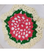 Vintage Pink Green White Handmade Crochet Doily 12.5&quot; Round - $14.26 CAD