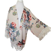 Umgee Size Large Cream Dark Floral Kimono Duster Fringe Boho Open Front ... - $24.09