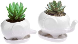 Set Of 2 Cute Elephant Flower Pots, Modern White Ceramic Succulent Planter Pots - $35.98