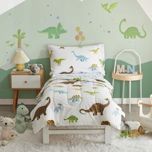 4 Pieces Toddler Bedding Set Dinosaur White Includes Comforter, Flat She... - $48.99