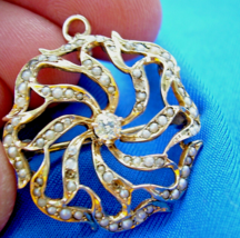 Earth mined Diamond Antique Brooch Nouveau 14k Gold Pearl Floral Pendant - £615.83 GBP