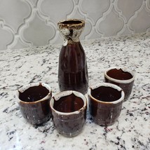 Ceramic Brown White Drip Glaze Waterfall Japanese Sake Tokkuri Flask 4 Cups Set - £11.02 GBP