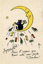 Black Cat on Crescent Moon French Merry Christmas Card Hope This Brings ... - $15.84