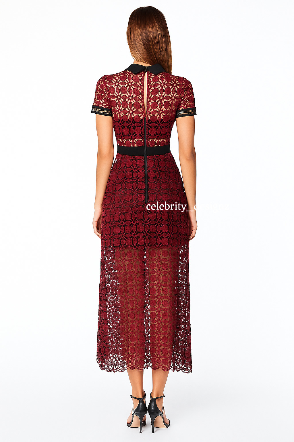 Women's Celeb Olivia Short Sleeve Crochet Scallop-Edged Midi Dress in Burgundy Item image 2