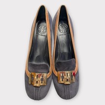TORY BURCH navy suede &amp; brown leather block career office heels size 7.5 - $86.11