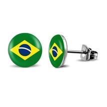 Brazil Flag Earrings 10mm Stainless Steel Round Stud Post Tiny Brazilian Pride - £6.21 GBP