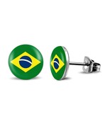 BRAZIL FLAG EARRINGS 10mm Stainless Steel Round Stud Post Tiny Brazilian... - £6.39 GBP