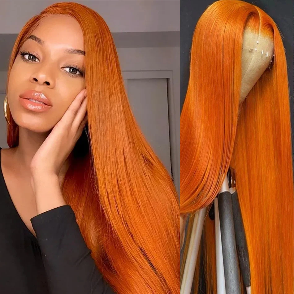 Ginger Orange Lace Front Human Hair Wig 13x6 Bone Straight Brazilian Wigs On - £68.95 GBP+