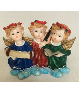 Three small singing angels with musical instruments colorful holiday fig... - $27.16 CAD