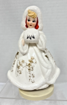Vintage Christmas Girl w White Coat &amp; Hat &amp; Muff Music Box Japan 6 5/8&quot; ... - $36.14
