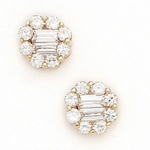 14K Solid Yellow Gold 8MM Cubic Zircon Baguette Flower Studs ER-PE26 - £104.45 GBP