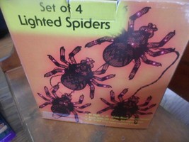strand of 4 halloween light up spiders. new in box. each 9x8&quot;. black w 20 lights - £10.36 GBP