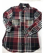 Glam Dollz Flannel Shirt Gold Snap Buttons Red Black Plaid Sz S Nice! - £12.74 GBP
