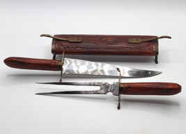 Vintage Hand-carved Teakwood &amp; Brass  Carving Knife &amp; Fork Set Made In India  Co - £69.53 GBP