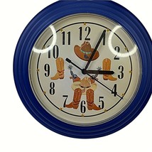 Vintage Children&#39;s Cowboy Wall Clock Hats Boots 11&quot; Blue Plastic Battery Op - £11.46 GBP