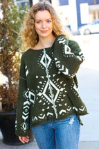 Just A Feeling Olive Aztec Print Fuzzy Sweater - £28.21 GBP