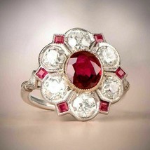 2.30 Ct Round Cut Simulated Red Ruby Halo Ring 14K White Gold Plated Silver - £93.44 GBP