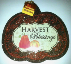 Harvest Blessings Decorative Brown &amp; Orange Glitter Pumpkin Sign - £5.51 GBP