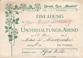 Annaberg Germania ~ Artista Emil LORENZ-1903 Invito Einladung Unterhaltu... - £10.39 GBP