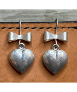 Sterling Silver Vintage Bow &amp; Puffed Heart Dangle Earrings 1-3/8&quot; 925 - $33.21 CAD