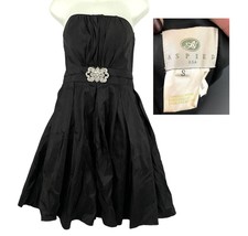 Black Strapless Pleated Cocktail Dress SMALL Rhinestone Center Puff Skir... - $71.99