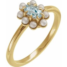 14k Yellow Gold Sky Blue Topaz and Cultured Seed Pearls Ring Size 7 - £731.95 GBP