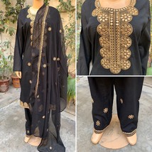 Pakistani Black  Straight Shirt 3-PCS Lawn Suit w/ Threadwork ,Large - £62.62 GBP