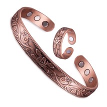 Magnetic Pure Copper Jewelry-Set Adjustable Bracelet Ring Vintage Flower Health  - £24.83 GBP