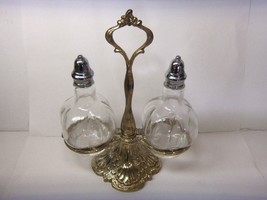 Vintage Glass Salt &amp; Pepper Shakers W Silver Plated Holder - $9.85