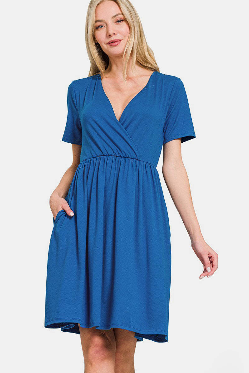 Zenana Surplice Short Sleeve Brushed DTY Dress - $22.55