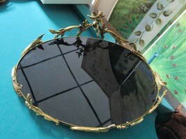 FRENCH ORMULU ANGELS BRASS BLACK GLASS OVAL VANITY TRAY - £95.45 GBP