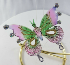 Blown Art Glass Butterfly Ornament Figurine Green Pink Purple Glitter - £24.04 GBP
