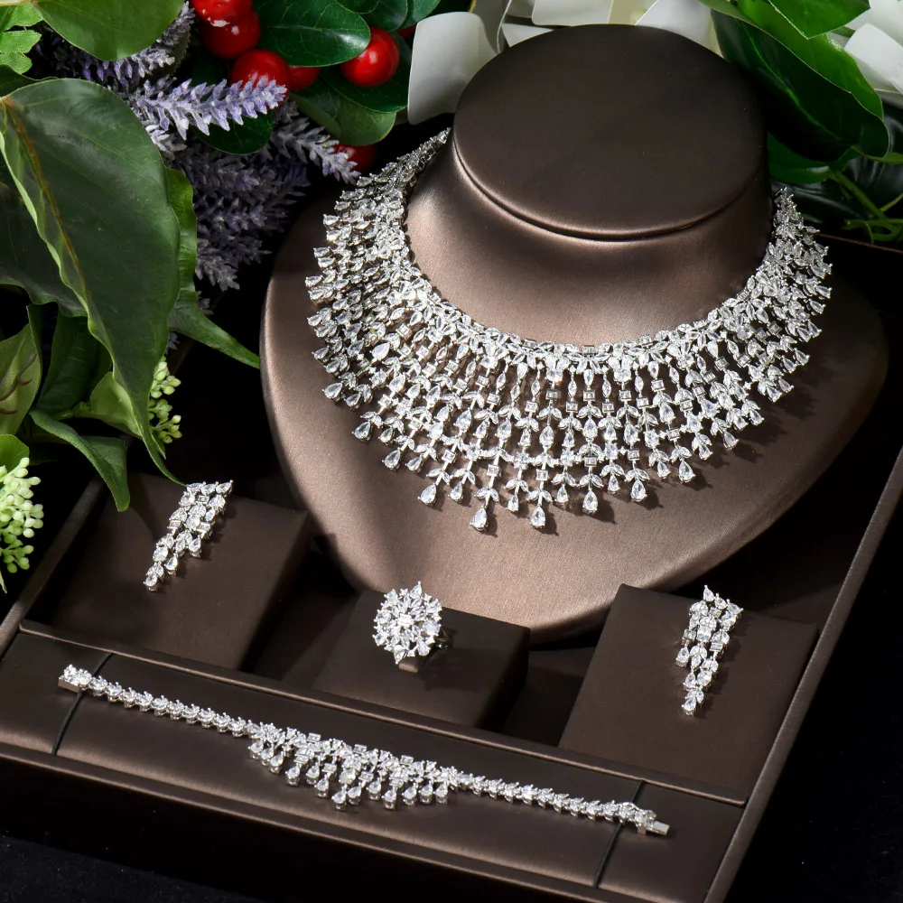 Luxury Dubai Nigeria CZ Crystal 4pcs Bridal Zirconia Full Jewelry Sets For Women - £162.08 GBP