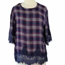 Row A Shirt Womens Shirt Size XL Blue Dressy Lace Plaid 3/4 Sleeves Roun... - £9.16 GBP