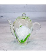 Art Glass Teapot Figure w White Rose &amp; Green Leaf 4&quot; Paperweight Polishe... - $14.54