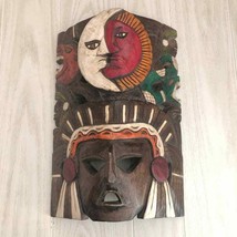 Vintage Carved Wood Tiki Mayan Head Wall Hanging Art Painted Sun Moon Jaguar - £44.38 GBP