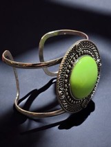 Vintage 1960s Lime Green Stone Open-Back Cuff Bracelet, Bold Gunmetal Bangle - $53.99