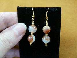 EE396-25 round 10mm white orange Agate gemstone 2 bead gold tone dangle earrings - £12.51 GBP