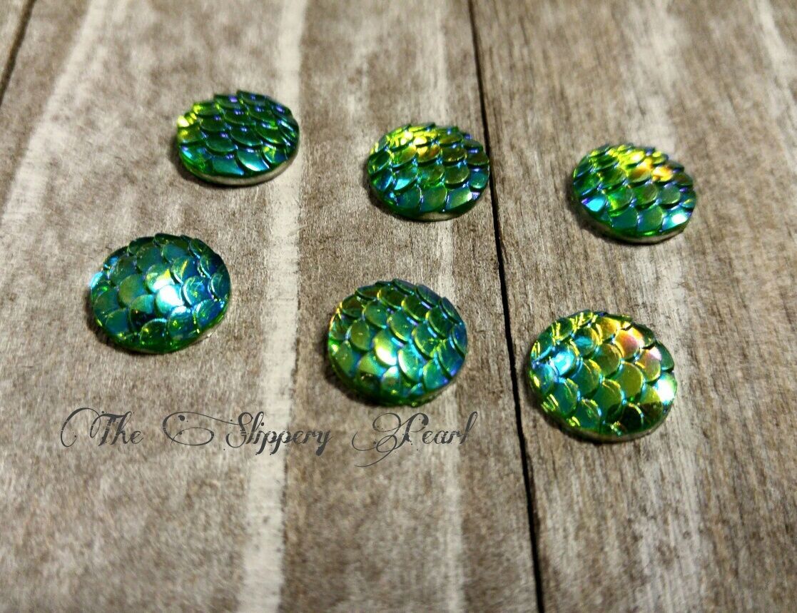 6 Mermaid Scale Cabochons 12mm Flatbacks Domed Dragon Scale Fairy Tale Green