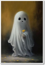 Vintage Cute Ghost Canvas Wall Art, Funny Ghost with Yellow Flower Aesthetic Pos - £22.08 GBP