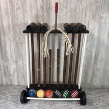 Vintage Croquet Set with Wood Mallets Balls Markers &amp; Roller Stand - 6 P... - £70.08 GBP