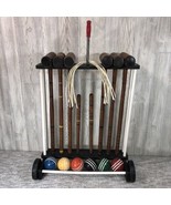 Vintage Croquet Set with Wood Mallets Balls Markers &amp; Roller Stand - 6 P... - $89.10