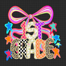 1st Grade PNG, Coquette Bow Back to School PNG, Girly Neon Checkered Leo... - $46.73 MXN